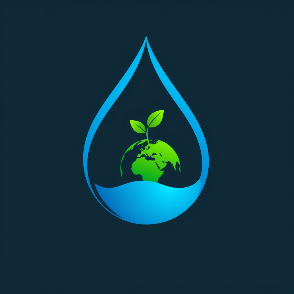 Simple Logo Idea: A singular, iconic blue water droplet that contains a miniature, green Earth silhouette or a nascent, vibrant sprout within its form, clearly symbolizing water as the core essence of life on our planet.