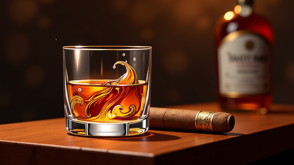  a glass of whiskey and a cigar on a wooden table. The glass is filled with a golden-colored liquid, which appears to be whiskey, and has a swirl design on the rim. The cigar is resting on the table next to the glass. In the background, there is a bottle of whiskey with a label that reads Johnnie Walker. The overall mood of the image is dark and moody.