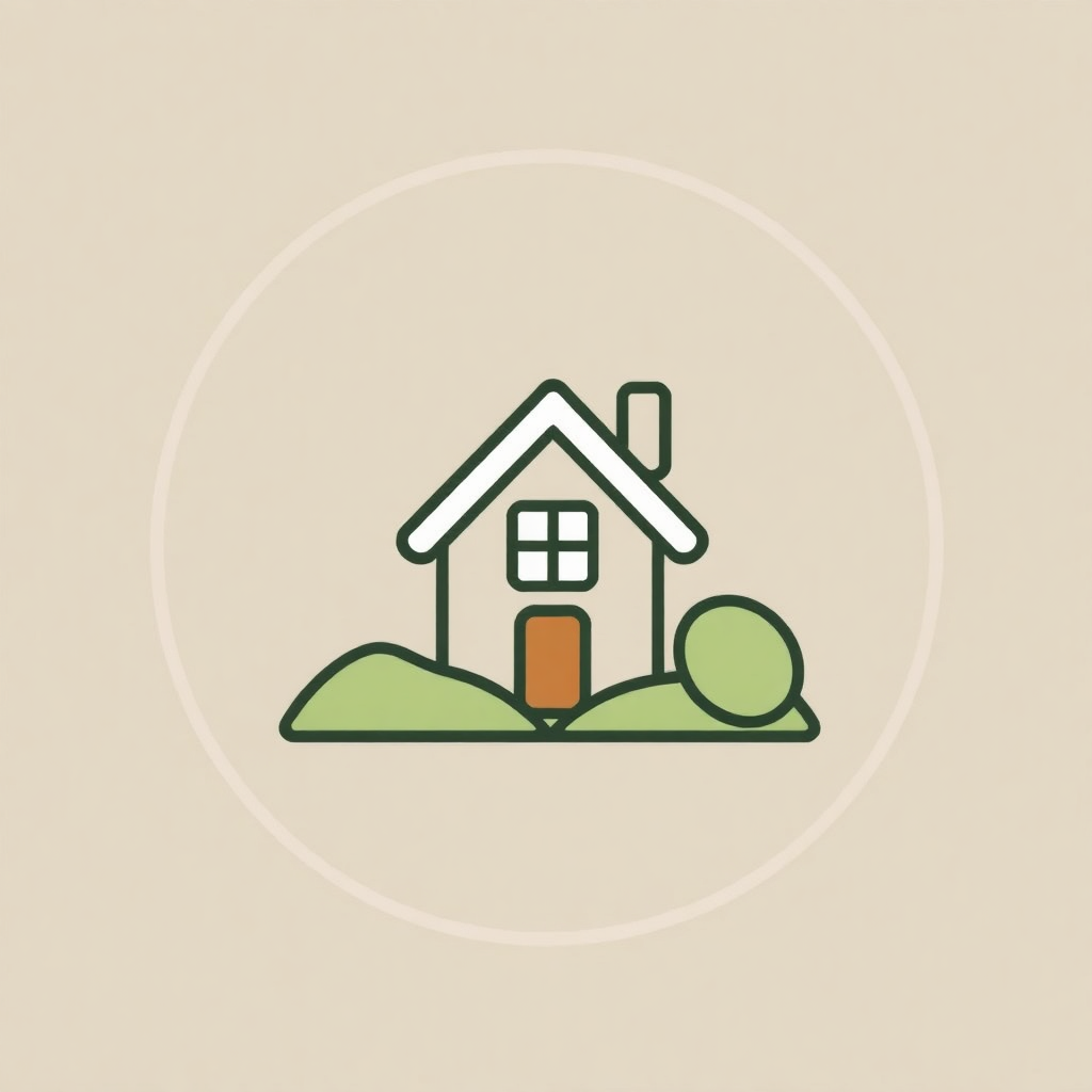 The image is a simple illustration of a small house with a green roof and a brown door. The house is surrounded by a grassy lawn and there is a small tree on the right side of the image. The background is a light beige color. The image is in a circular shape and has a minimalistic design.