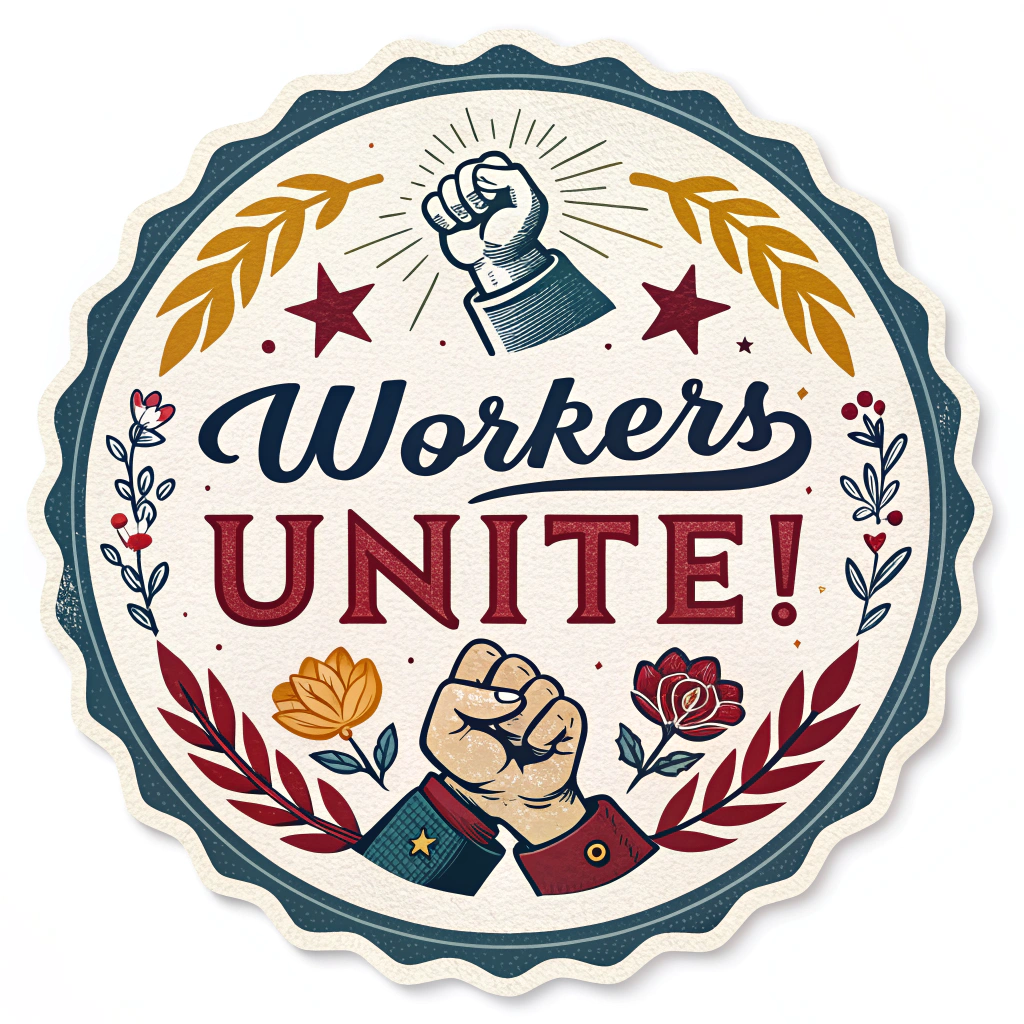 Design Idea 3: Retro Union Poster Style - 'Workers Unite!' in a vintage-inspired bold script or a heavy serif font. Employ a color palette of deep reds, blues, golds, and cream. The text could be housed within a badge, emblem, or banner shape, with optional retro graphics like shaking hands or laurel wreaths.