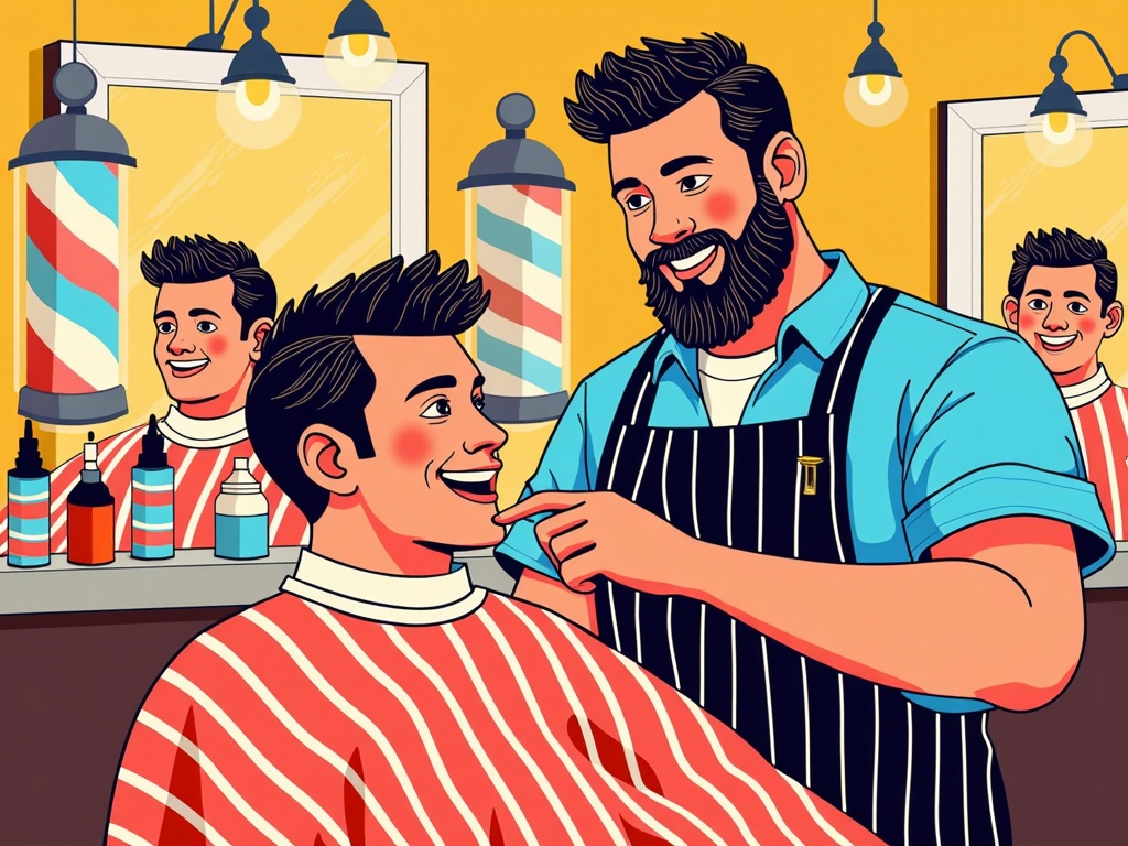 The image is an illustration of a barber cutting a young man's hair in a barbershop. The barber is wearing a blue apron and has a beard and mustache. He is standing behind the barber, holding a pair of scissors and smiling at the young man who is sitting in the chair. The young man is wearing red and white striped barber's apron. In the background, there are three barber chairs and a mirror with a reflection of the young men in it. There are also several bottles of hair products on the counter. The overall style of the illustration is cartoon-like and colorful.