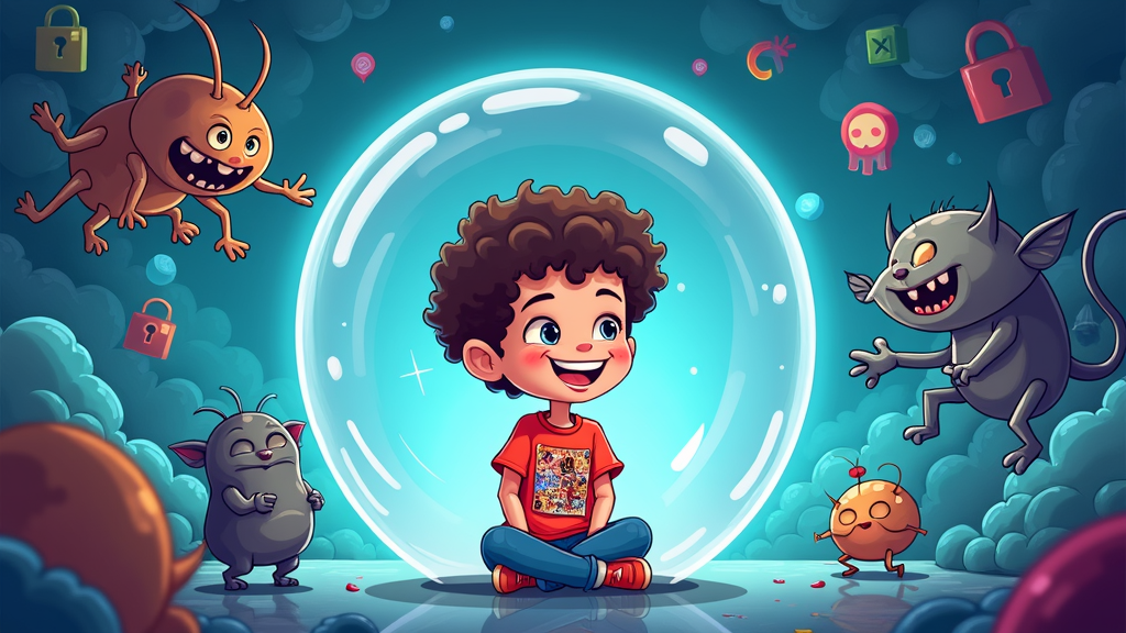 Bubble vs. Threats: A visual metaphor where the child is inside a clear, strong 'Privacy Bubble.' Various cartoon 'online threats' (e.g., creepy 'Data Snatchers,' 'Gossip Gremlins,' 'Bully Bots') try to pierce or enter the bubble but are repelled or bounce off, illustrating the effectiveness of restrictions and safe practices.