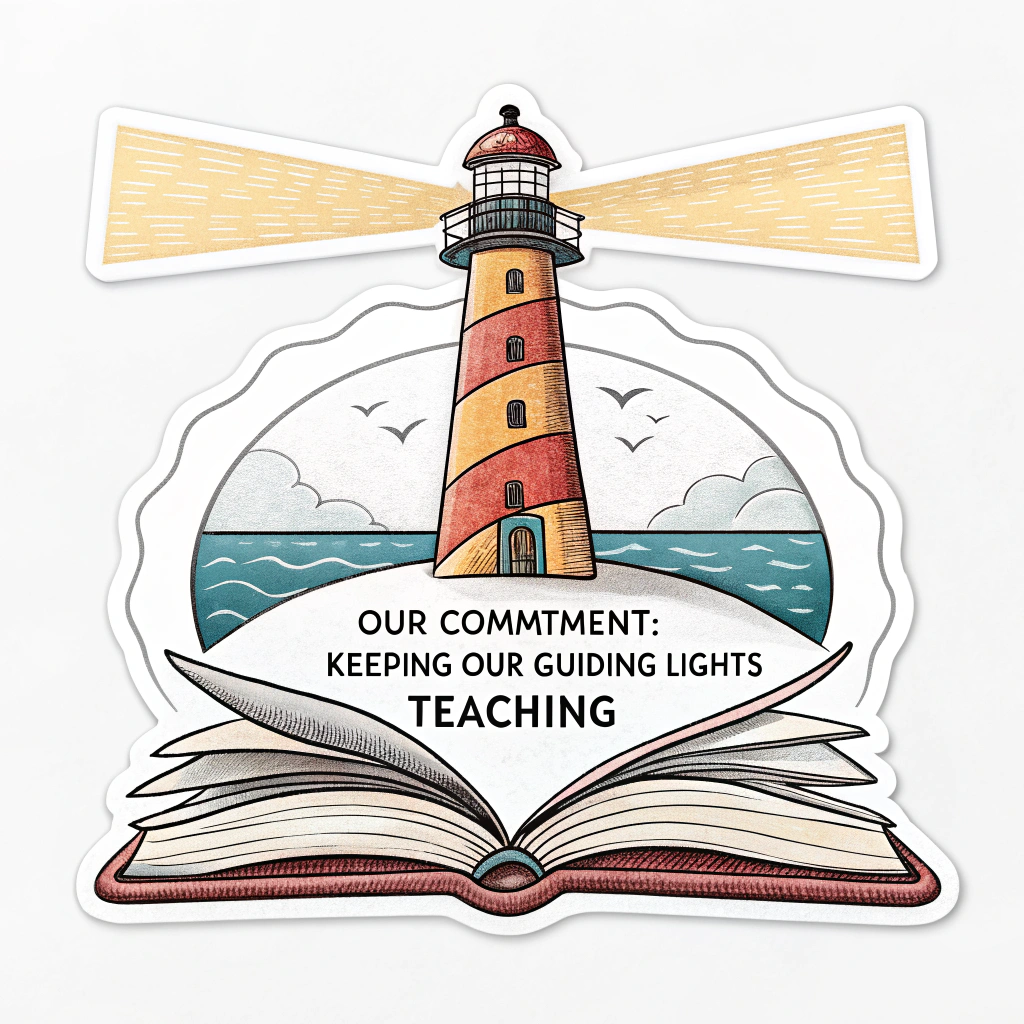 The Guiding Light: A sticker design with a lighthouse whose beam is made of pencils or an open book, illuminating a path forward. Text: 'Our Commitment: Keeping Our Guiding Lights Teaching.'