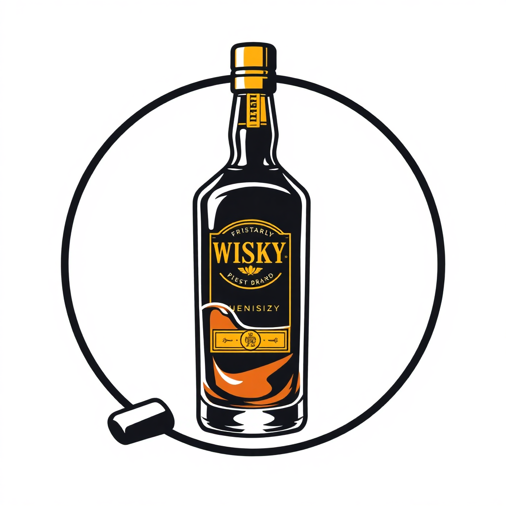 The image is a logo of a bottle of whiskey. The bottle is black with a gold label that reads WISKY in bold letters. The label also has an illustration of a cork stopper on the right side. The background is white, and the bottle is in the center of a black circle. The cork is slightly tilted to the left, as if it is about to be inserted into the bottle. The overall design is simple and minimalistic.