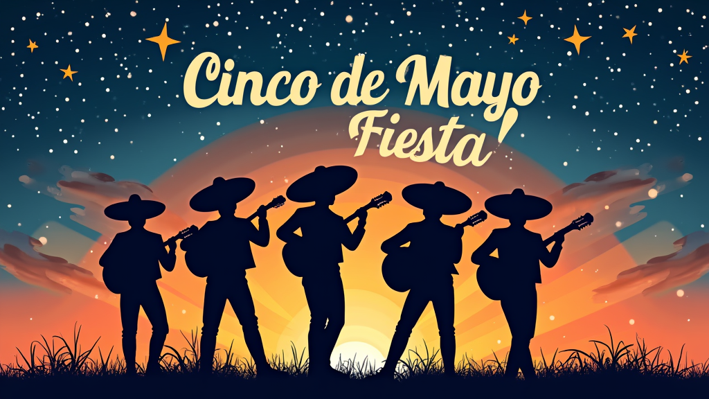 Festive Mariachi Band T-shirt: A silhouette of a mariachi band playing their instruments under a starry night sky or a vibrant sunset, with 'Cinco de Mayo Fiesta' or 'Música y Alegría' in a lively, decorative script font.