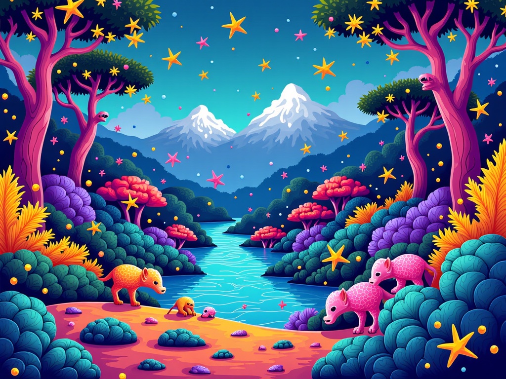 Symbiotic Ecosystems of Myth and Machine: Depict AI-generated mythical flora and fauna coexisting in a vibrant, digitally-infused natural world. The creatures would have biologically inspired designs but with elements that hint at their artificial origins, such as pixelated camouflage or bioluminescent data streams.