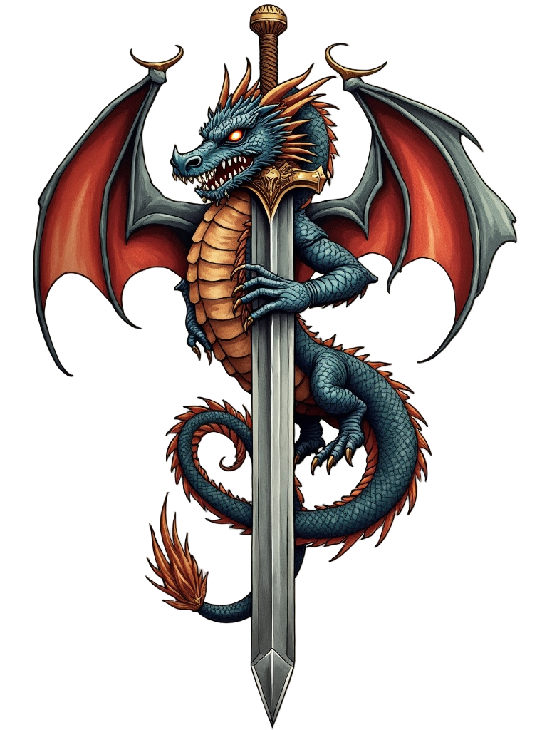 A dragon coiled around a sword tattoo extends across a bicep, combining elements of fantasy with intricate detailing, showing the dragon's vigilance and might.