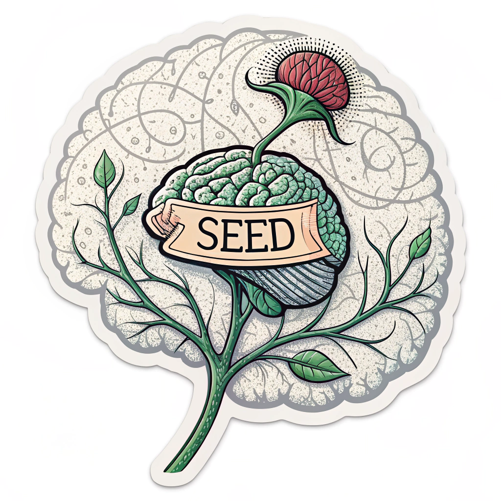 AI Seedling Sprout: A design showing a small, intricate 'seed' (perhaps a stylized chip or a condensed knot of neural pathways) from which beautiful, artistic neural network patterns are visibly sprouting and unfurling like a young plant, symbolizing the nascent and growing nature of generative AI art.