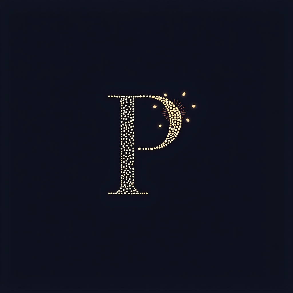 Simple Icon Idea: A minimalist icon representing 'Prompt Perfect' AI fashion, featuring a stylized letter 'P' combined with a creative spark or a pixel cluster, suitable for a subtle chest emblem or sleeve detail on apparel.