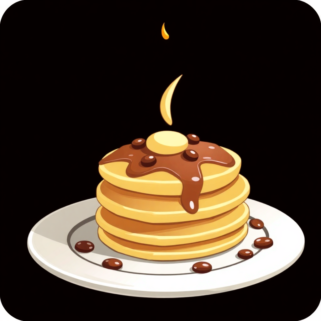 The image is a digital illustration of a stack of pancakes on a white plate. The pancakes are golden brown and appear to be freshly made. On top of the stack, there is a drizzle of chocolate sauce that is dripping down the sides of the pancakes. The sauce is a dark brown color and is drizzled over the top of each stack. There are also a few small chocolate chips scattered around the plate, adding a pop of color to the image. The background is black, making the pancakes stand out.