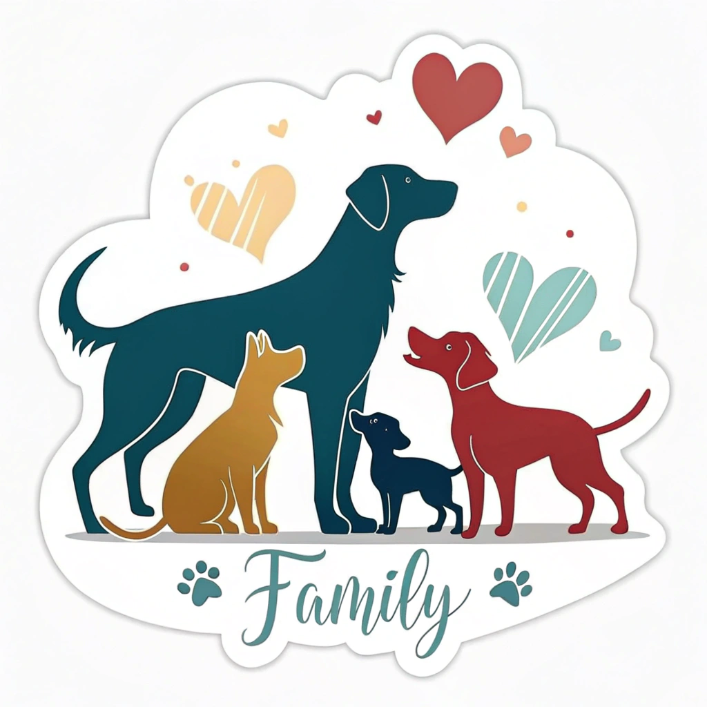 A family of dog silhouettes representing different sizes or colors within the same breed, symbolizing a family of pets.