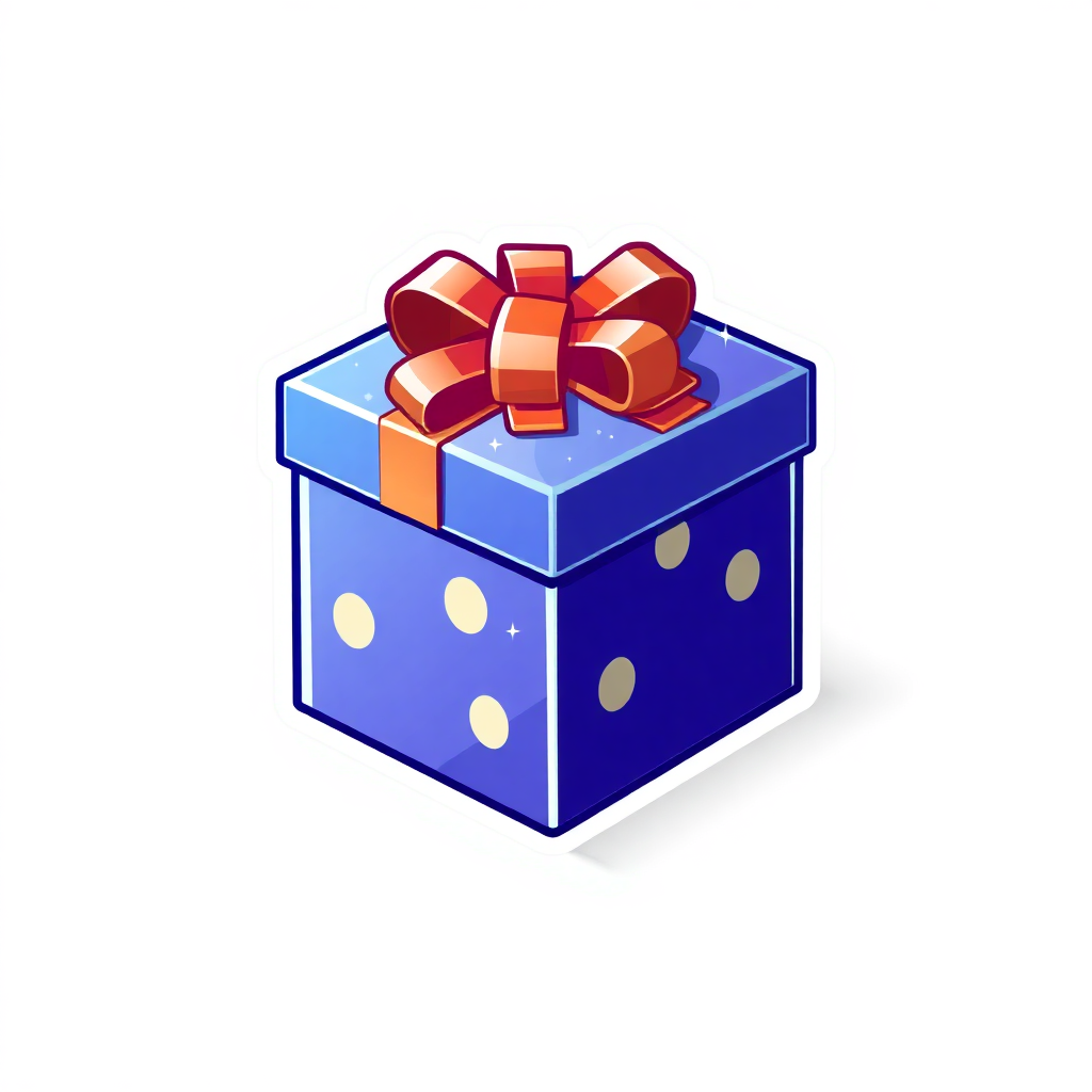 The image is a 3D illustration of a blue gift box with white polka dots on it. The box is rectangular in shape and has a red ribbon tied in a bow on top. The ribbon is tied in an orange color and appears to be made of a shiny material. The background is white, making the blue box stand out. The overall design is simple and cartoon-like.