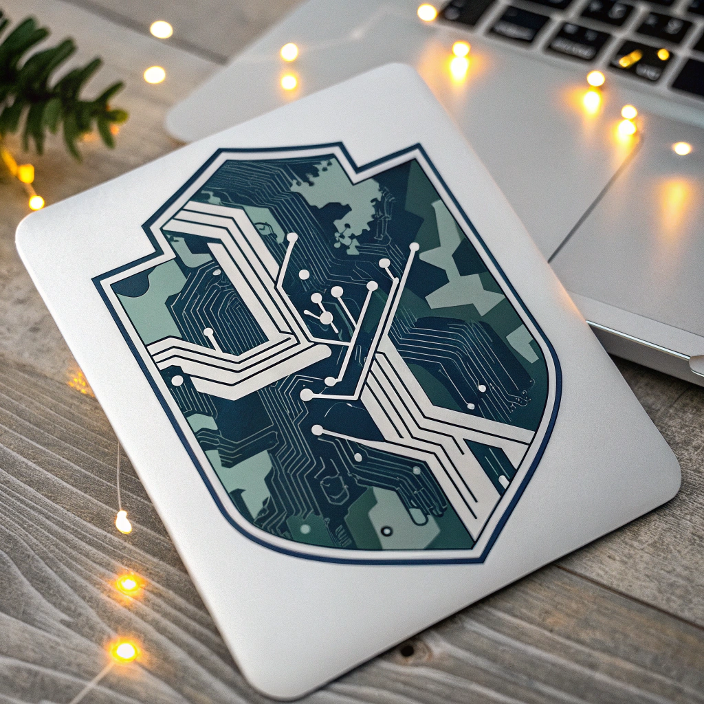 Stealth Circuit Camouflage: A camouflage-like design composed of fragmented circuit board traces in muted, dark colors such as charcoal, deep navy, and forest green. Selected fragments subtly pulse with a faint light, hinting at hidden, encrypted operations.