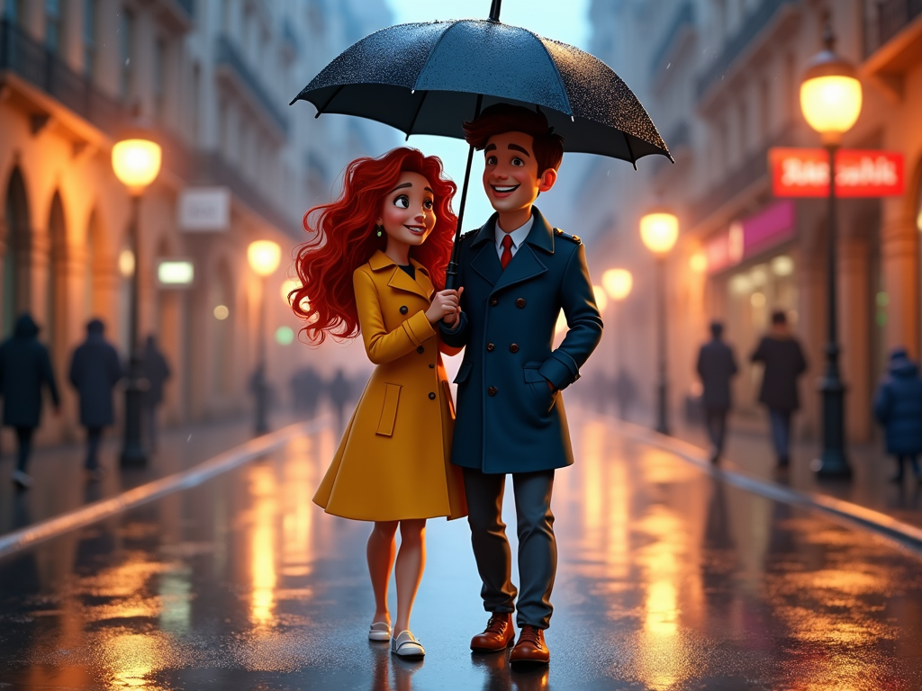 A cartoon couple walking in the rain under a shared umbrella, with reflections of city lights in puddles and raindrops bouncing off.