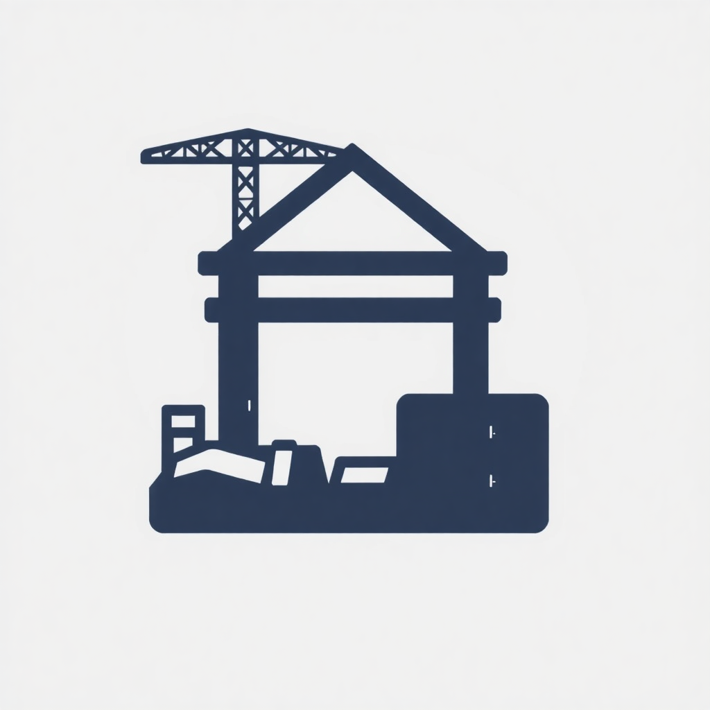 The image is a simple illustration of a construction site. It is a blue silhouette of a building under construction, with a crane on top of it. The building appears to be a two-story structure with a sloping roof and a chimney. The crane is tall and slender, with multiple arms extending from the top. Below the crane, there is a small pile of rubble and debris. The background is white, making the blue silhouette stand out. The overall design is simple and minimalistic.