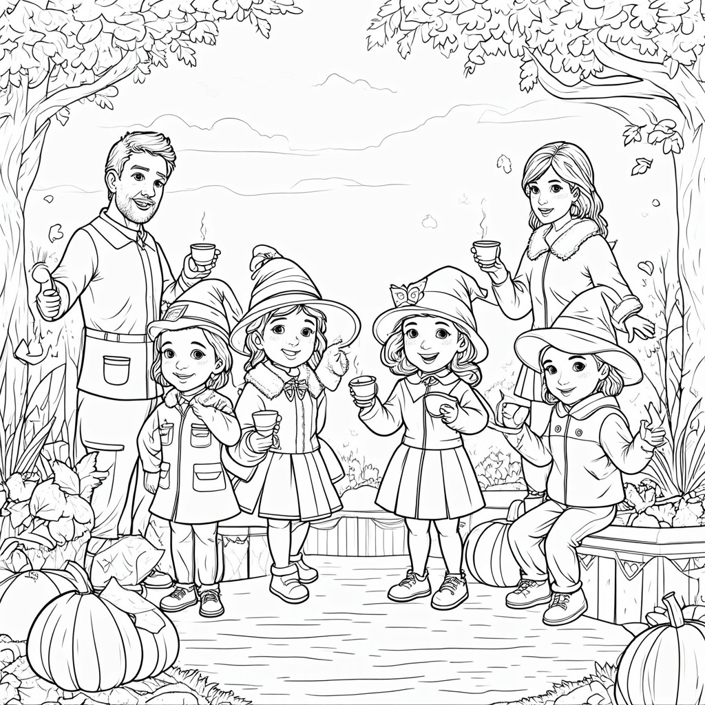 An outdoor autumn festival scene featuring hay bales, pumpkins, and scarecrows with children and adults dressed in autumn attire, holding cups of hot cider as leaves swirl around.