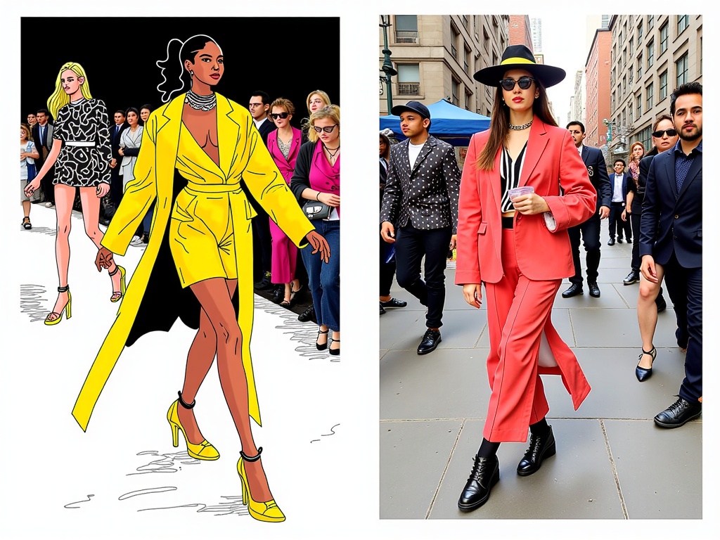 Develop diptych illustrations: one panel displaying a key runway look, and the adjacent panel portraying a street style interpretation inspired by that runway look, as might be seen in NYC during Fashion Week.