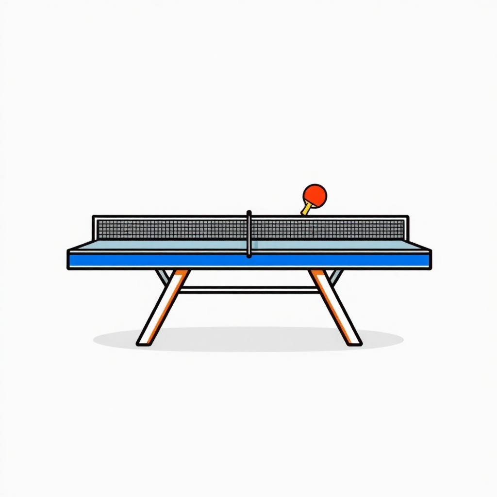 The image is an illustration of a ping pong table. The table is rectangular in shape with a blue top and orange legs. On top of the table, there is a net with a red ping-pong paddle resting on it. The paddle is positioned in the center of the net, ready to hit the ball. The background is white, making the table and paddle stand out.