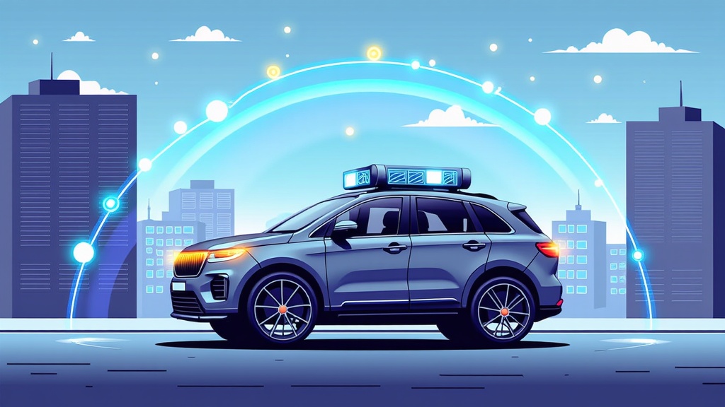 A futuristic, slightly stylized illustration where the robotaxi is depicted with its sensor suite creating a protective 'bubble' or 'field' of awareness around it, visualizing how the AI maintains a safe operational perimeter by constantly scanning and interpreting its surroundings.