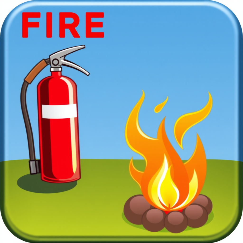 A graphic of a fire extinguisher being used to extinguish a small fire.