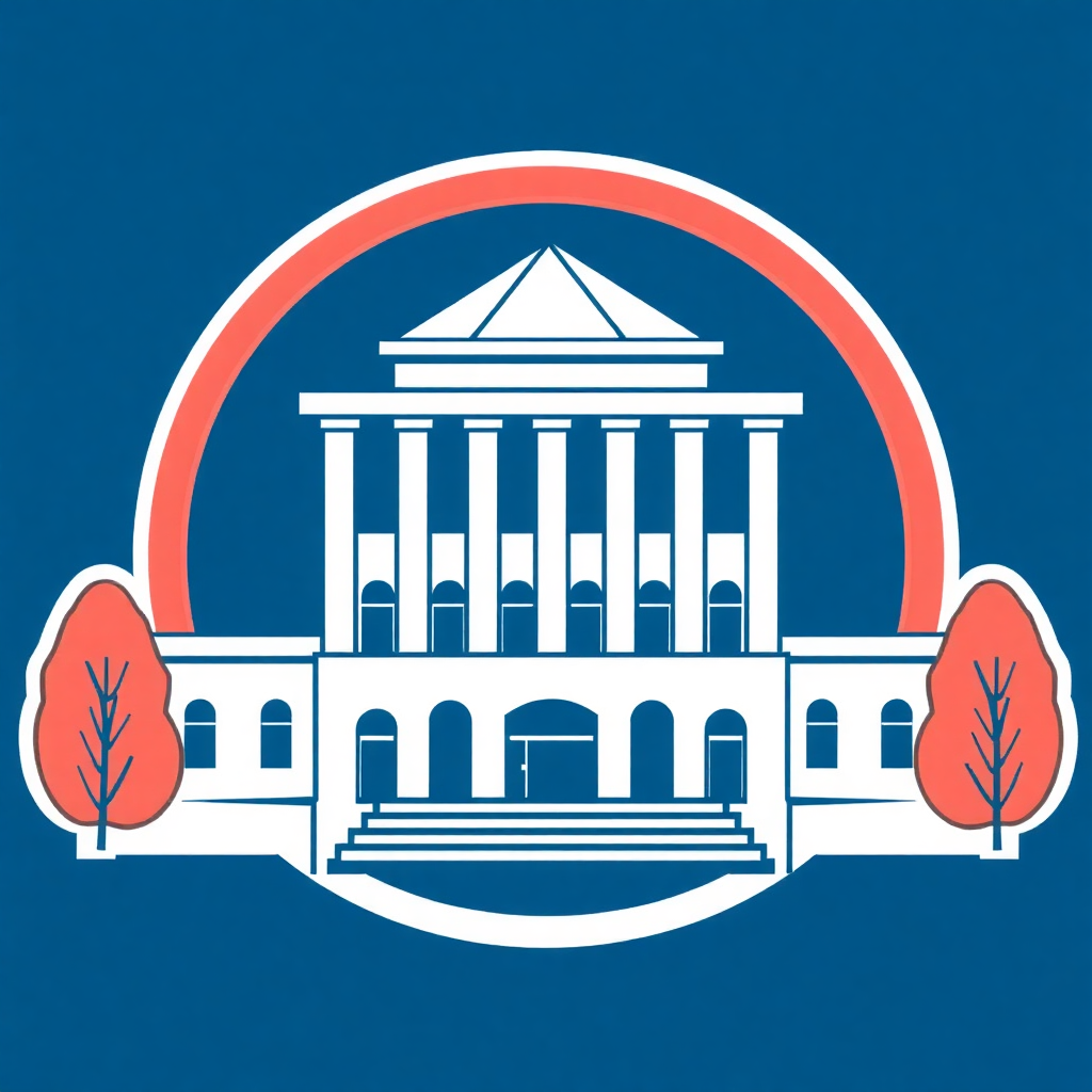 The image is a circular logo or emblem with a blue background. In the center of the logo, there is a white building with a dome on top and columns on either side. The building appears to be a government or government building with multiple levels and arched windows. There are two trees on either end of the building, one on the left and one in the middle, with red leaves. The trees are facing the building and appear to be in a park or garden. The overall design is simple and minimalistic.