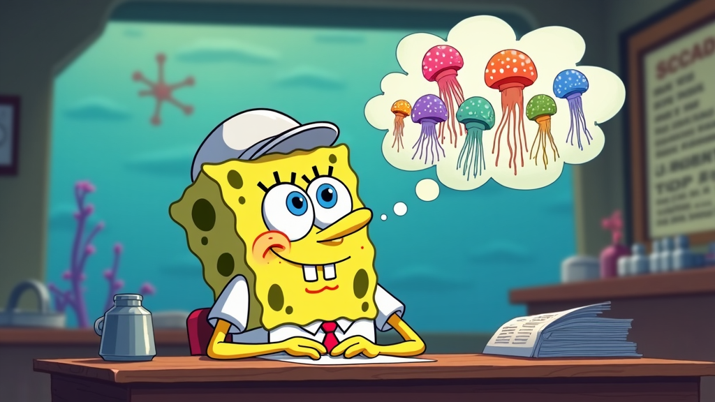 SpongeBob daydreaming about Jellyfish Fields while sitting at his Krusty Krab workstation, with an imaginary thought bubble above him.