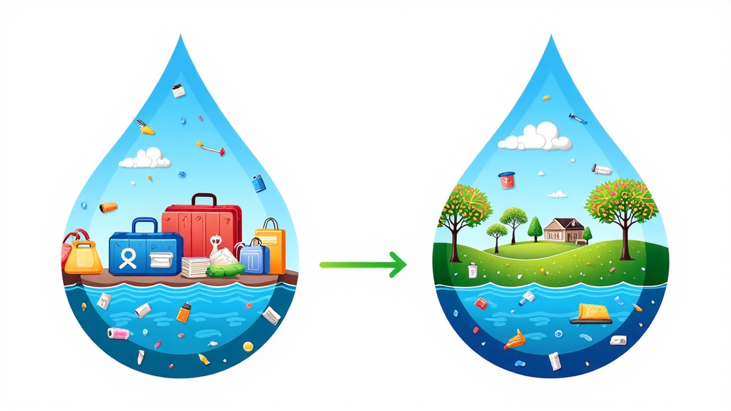 An illustration depicting the contrasting journeys of a single water drop: one path showcasing misuse, pollution, and scarcity, while the alternative path highlights conservation, purification, and its positive impact on ecosystems and communities.