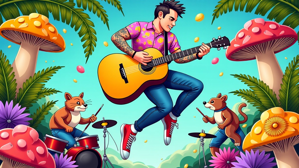 Post Malone on a surreal jungle expedition, swinging on vines made of guitar strings, encountering whimsical, oversized flora like speaker flowers and drum kit mushrooms, with cartoon animals forming his backup band.