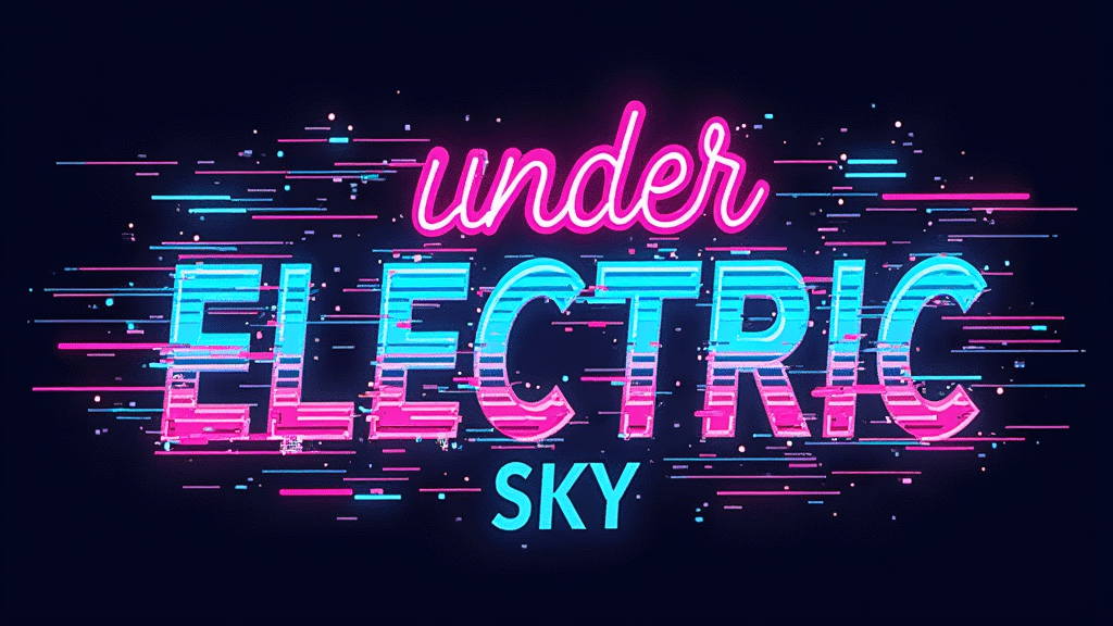 Digital Glitch Sky: 'Under the Electric Sky' rendered with a dynamic digital glitch effect. Letters could be fragmented, pixelated, or have scan lines, in bright electric colors (blues, purples, pinks) that pop against a dark base. Incorporate subtle music visualizer elements.
