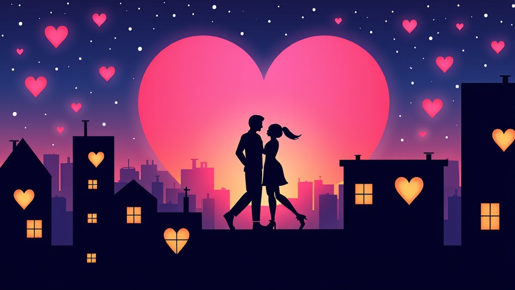 A cityscape silhouette with heart-shaped windows illuminated, and a couple silhouetted on a rooftop under a giant heart moon.