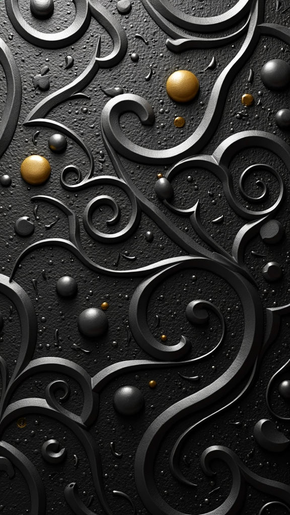 The image shows a black and gold wallpaper with swirls and bubbles, creating a unique and eye-catching design. The black background is adorned with gold accents, giving the wallpaper a luxurious and elegant look. The swirls are intricate and detailed, adding a touch of sophistication to the overall design.