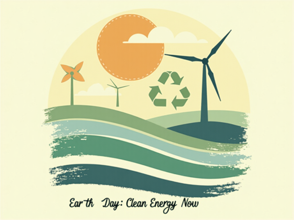 Retro-style poster design featuring bold, slightly distressed icons of a sun (for solar power), a wind turbine, and a recycling symbol. Utilizes a color palette of muted greens, blues, and creams, with a slogan like 'Earth Day: Clean Energy Now'.