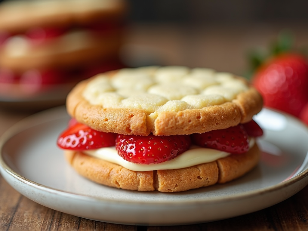 A layered cookie with a thin layer of strawberry filling between two white chocolate-infused cookie layers.