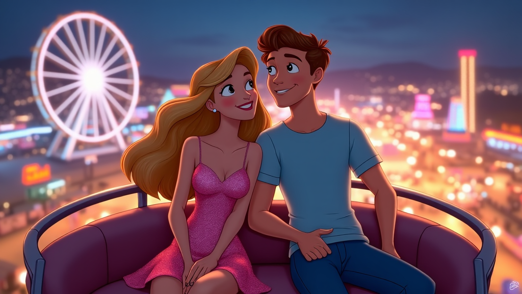 A cartoon couple on a Ferris wheel, holding hands and looking out over a nighttime fairground illuminated by bright, colorful lights.