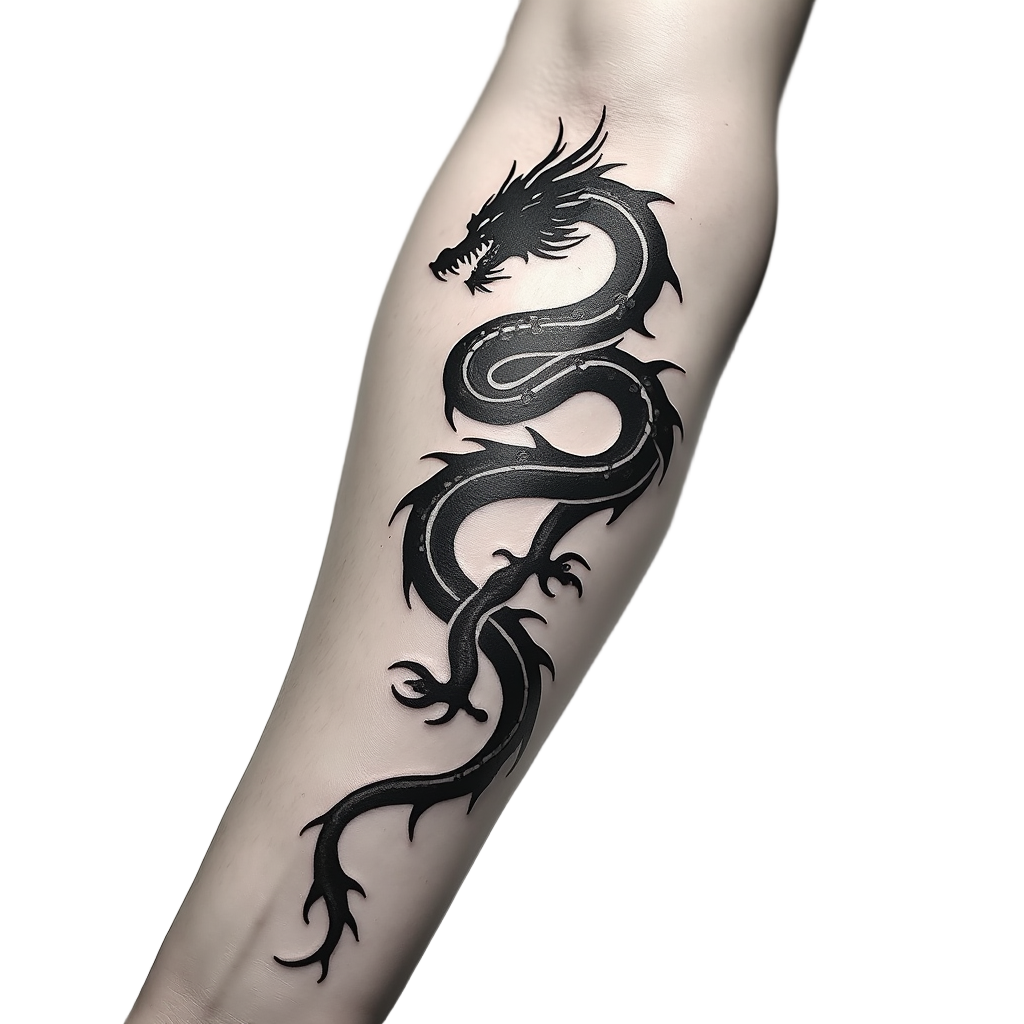 A draconic silhouette tattoo in monochrome ink slithers up a forearm, its minimalism highlighting the primal essence of the majestic creature.