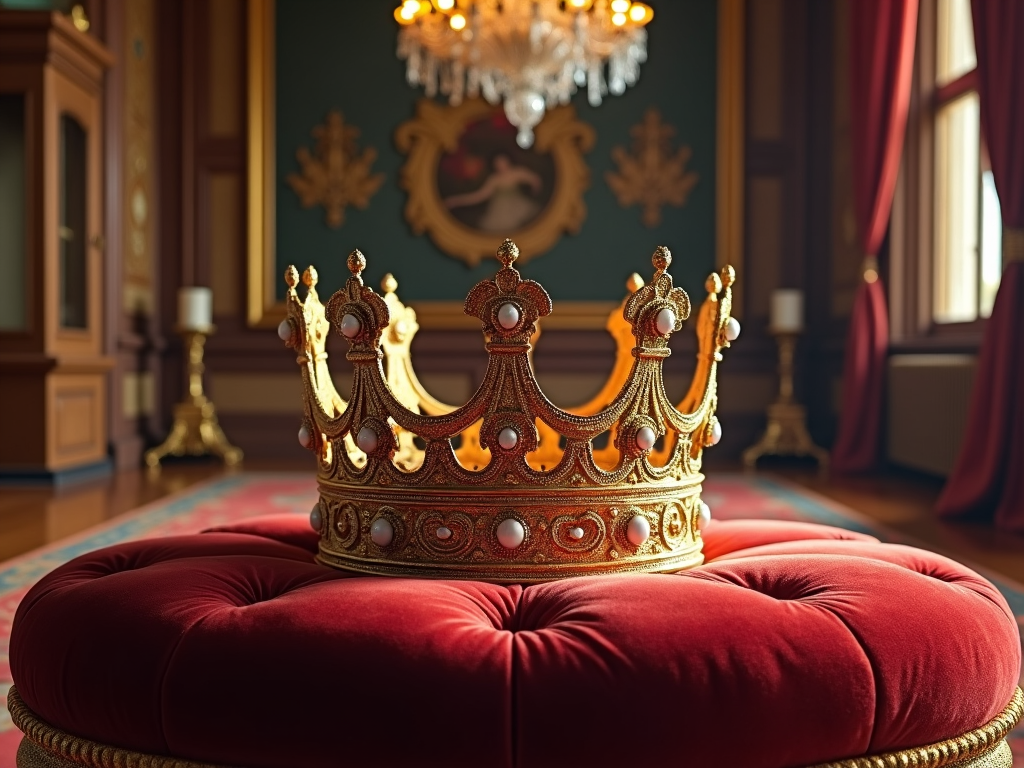 A crown reflecting light dramatically within a lush palace interior, indicating its historical significance.