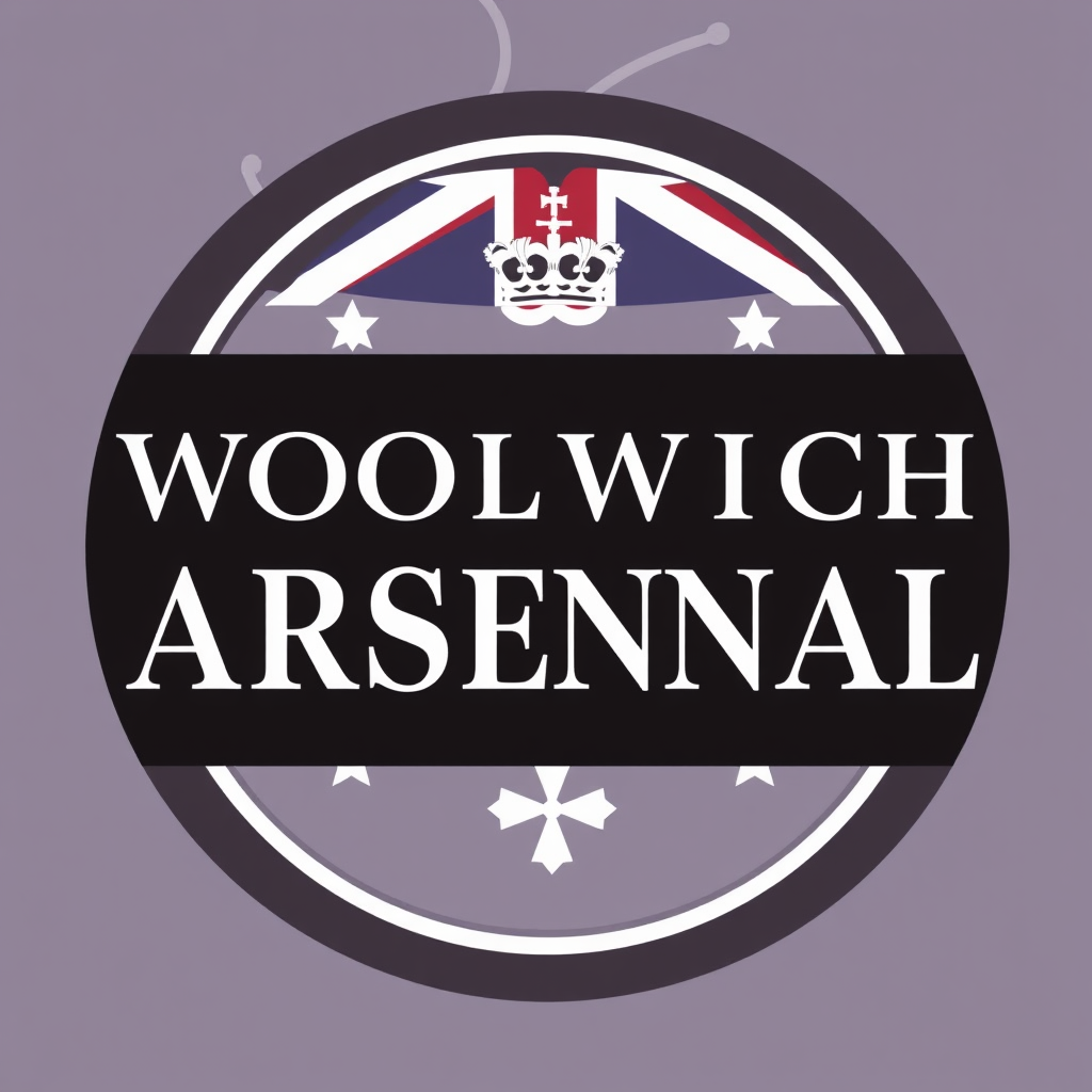 A typographic badge featuring 'WOOLWICH ARSENAL' in a formal, military-inspired typeface, evoking aesthetics of regimental insignia or early 20th-century civic emblems from the Woolwich area.