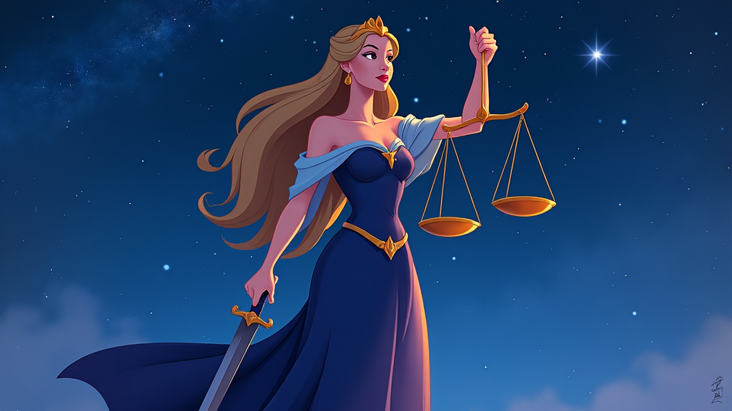 A monochromatic cartoon of Lady Justice, her scales silhouetted against a starry night sky, representing the vastness and timelessness of justice. Her sword is a shadowed figure beside her, maintaining order.