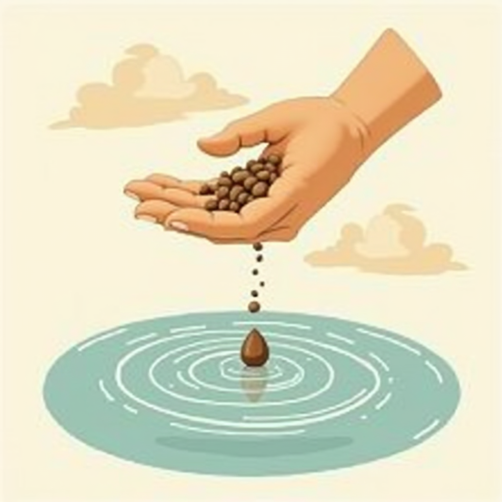 An illustration of a single seed falling from an open hand, with ripples spreading outwards below it, signifying the impact of one kind act.