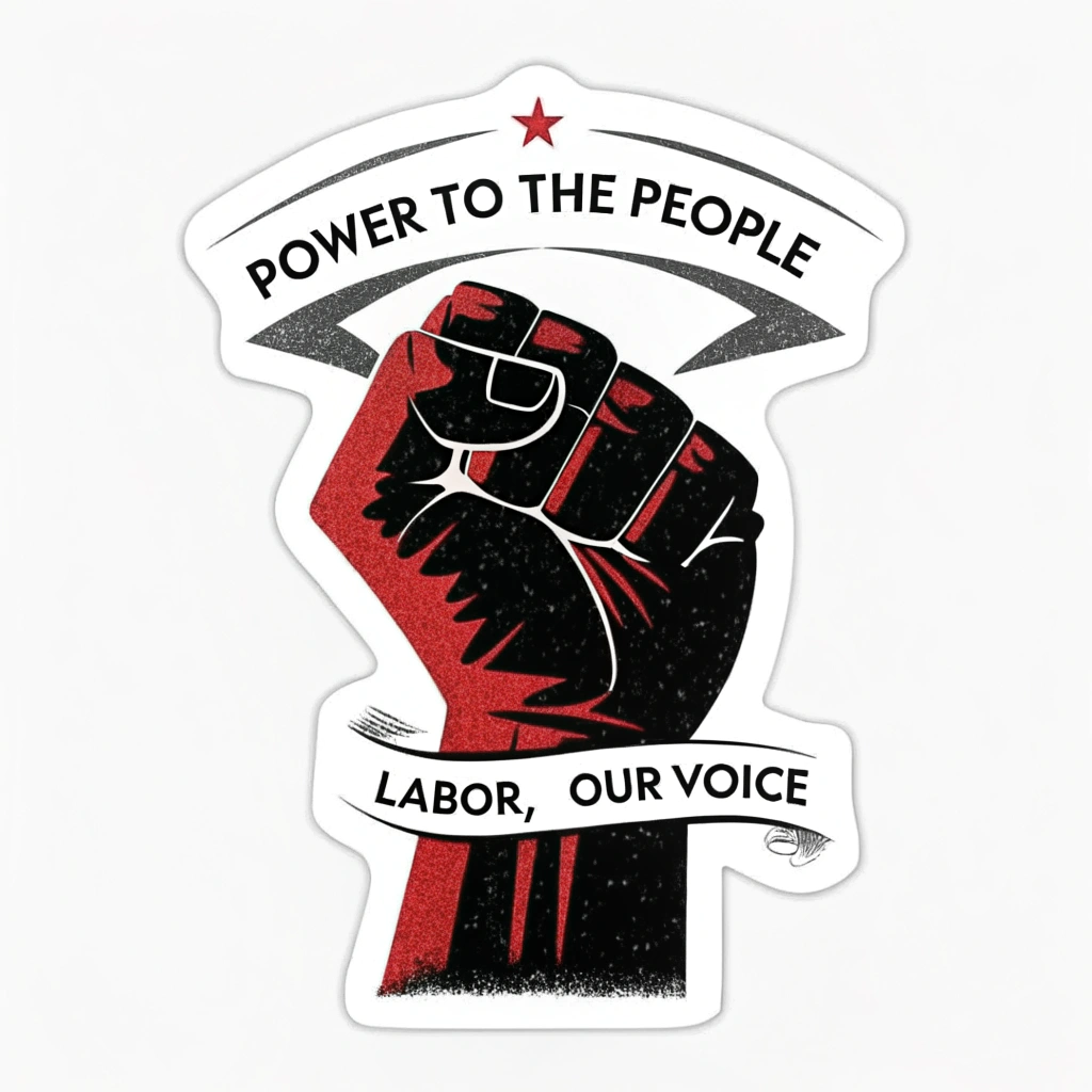 A bold, black or red raised fist silhouette as the central element for the sticker. The slogan 'Power to the People' is arched above or below it in a strong, sans-serif font. 'Our Labor, Our Voice' is placed as a secondary line, perhaps in a banner style.