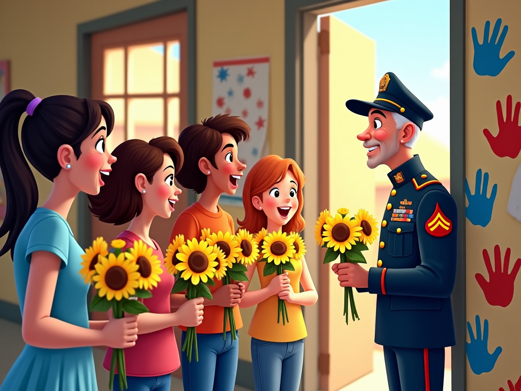 A cartoon illustration of a classroom door with kids lining up to hand a veteran daisy bouquets. Each child's excitement is evident as they respectfully chat and laugh with the veteran, who feels honored. The wall beside them vibrantly decorated with handprints in red, white, and blue.