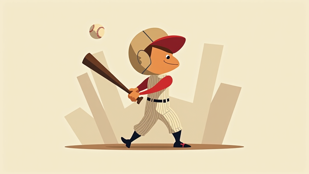 Geometric Slugger: Depict Babe Ruth using interconnected bold geometric shapes (circles for head/ball, rectangles/trapezoids for torso/bat). Utilize a stark, modern color palette with limited accent colors, emphasizing a simplified, exaggerated cartoonish pose.