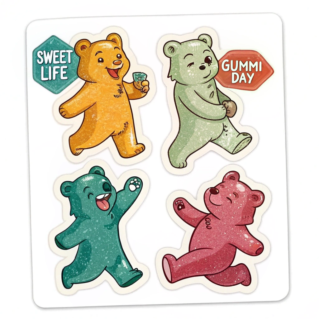 A sticker sheet with multiple smaller stickers, each featuring a different coloured gummi bear in a dynamic pose, with tiny text 'Sweet Life' or 'Gummi Day' on each.