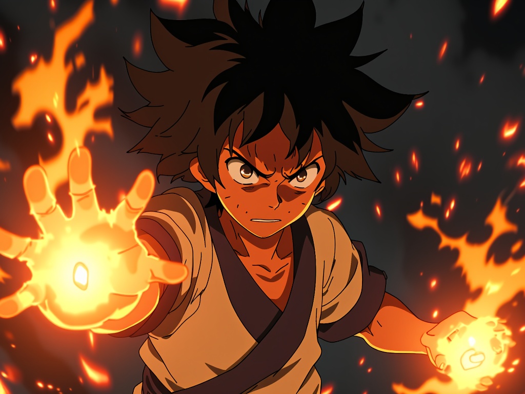 A brilliantly drawn depiction of Zuko performing firebending in the dark, his burning determination reflected in his focused eyes, fire illuminating the scene.