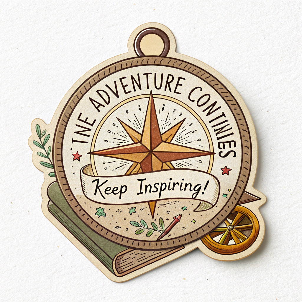 Sub-Design Idea 1 (Compass of Inspiration): Features a vintage-style compass where the needle points towards a star or an open book. The text 'The Adventure Continues' is inscribed on the compass ring, with 'Keep Inspiring!' placed below in a friendly script font. The style is rustic with warm colors, symbolizing guidance and enduring purpose.