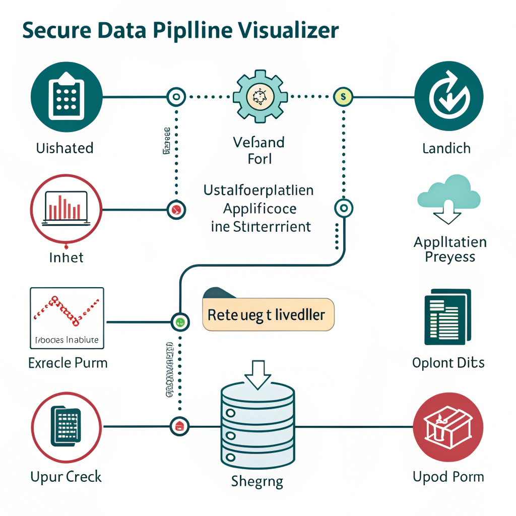 The Secure Data Pipeline Visualizer: Design a template for visualizing data flow, showcasing distinct stages for untrusted input, the input validation 'gate' (with potential icons representing types of checks like format, length, allowlist), application processing, the output encoding 'transformer' (visually showing data changing form), and finally, the defended output. This serves as a reusable pattern illustration.