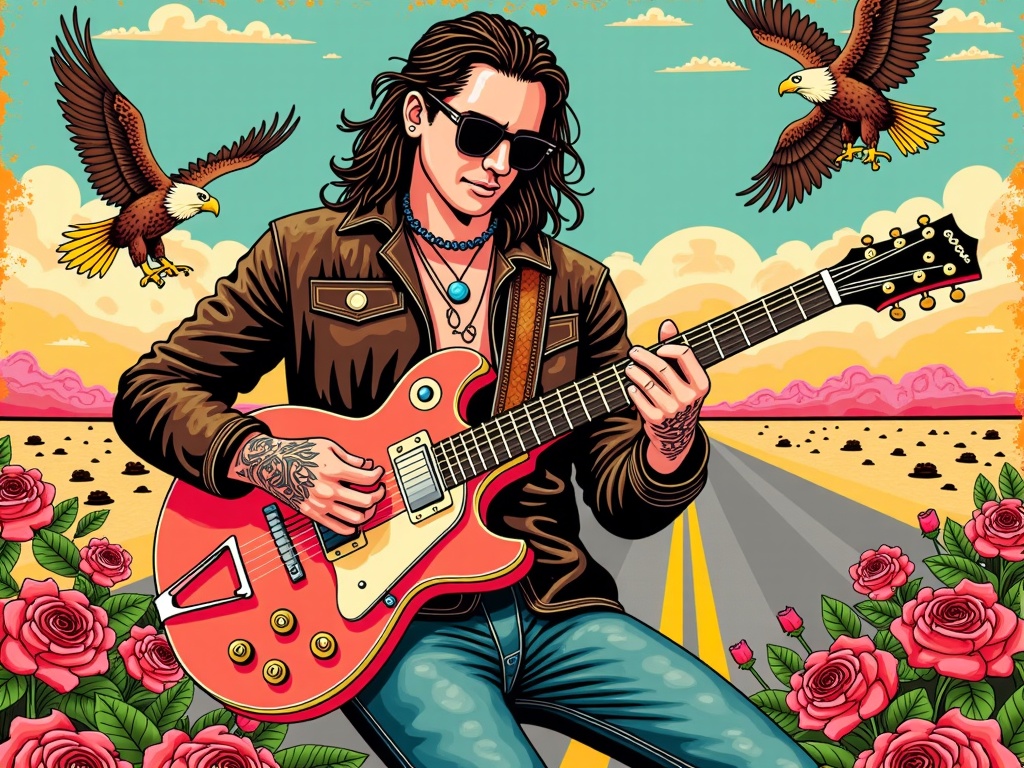 Vintage Americana Rockstar: An illustration styled after classic 70s rock or outlaw country music posters, depicting Post Malone with elements like vintage guitars, worn leather, roses, eagles, or desert highway scenes, using distressed textures and bold, retro typography for the concert details.
