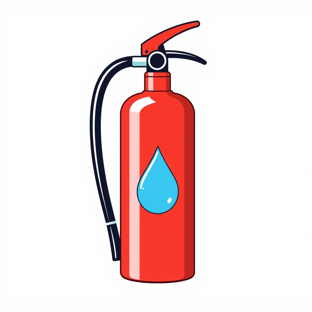 A fire extinguisher with a water droplet design on its body, emphasizing its role in putting out fires.