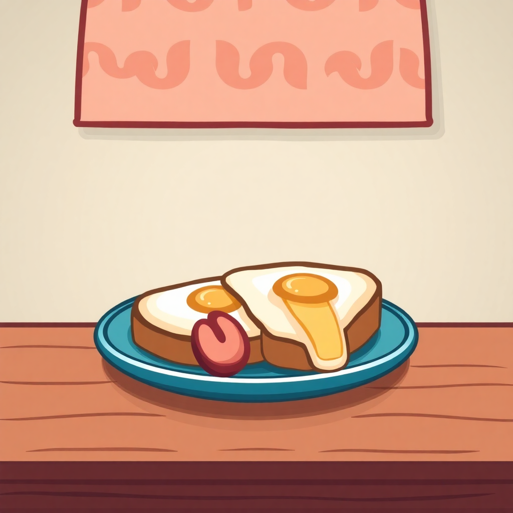  a plate of food on a wooden table. The plate is blue and has a slice of bread on it. On top of the bread, there is a fried egg with a golden brown yolk and a small piece of sausage on the side. The sausage is pink and appears to be cooked. The background is a light beige color with a pink banner hanging on the wall. The overall style of the image is cartoon-like.