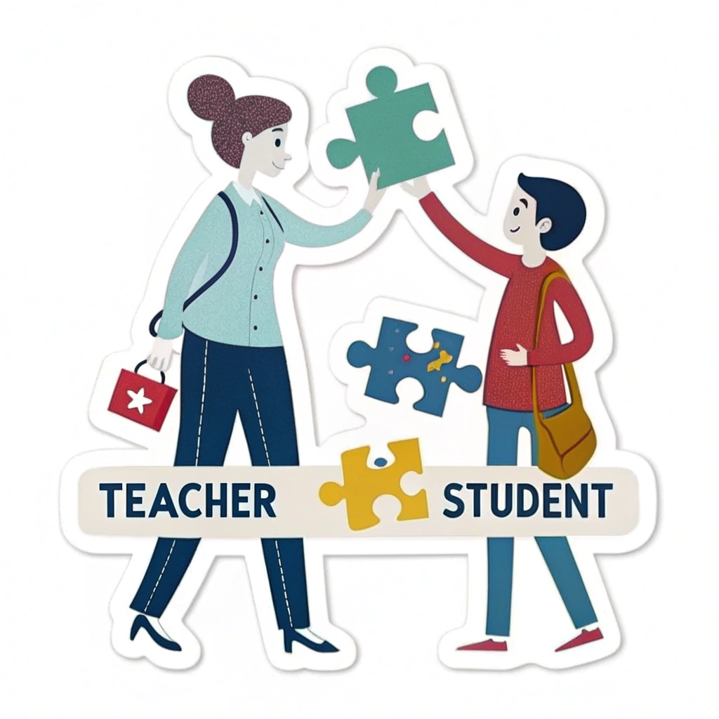 Two figures, one larger (teacher) and one smaller (student), standing side-by-side, both holding puzzle pieces that connect. Tagline below.